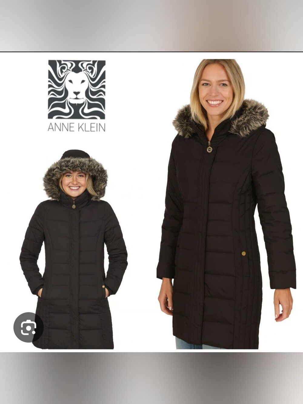 Anne Klein Quilted Down Puffer Coat XL NWT Faux Fur Hood
